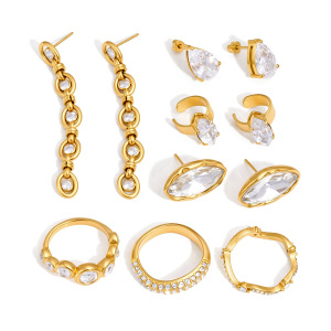 Boucles D'Oreilles Puces Élégantes Pour Femmes, En Acier Inoxydable Imperméable, Couleur Or, Forme Irrégulière, Patchwork, Zircon. h5 Image5