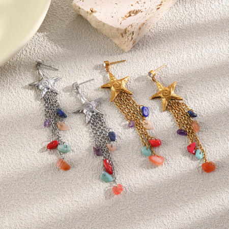 Boucles d'oreilles pendantes pour femme, collection romantique, motif étoile de mer et pompon, en acier inoxydable étanche, couleur or. 2