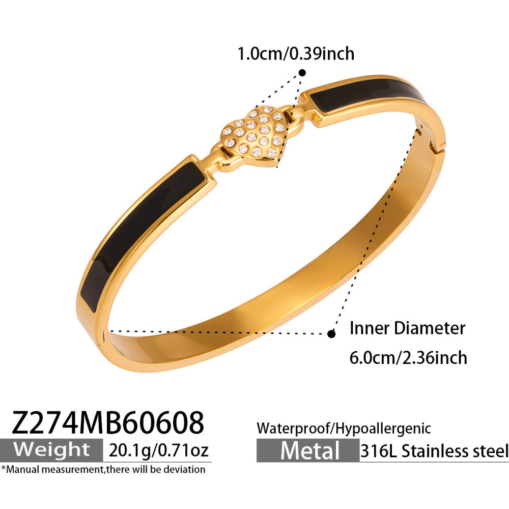 Bracelet Jonc Élégant En Acier Inoxydable Doré Avec Strass, Orné D'Un Cœur, Collection Classique 