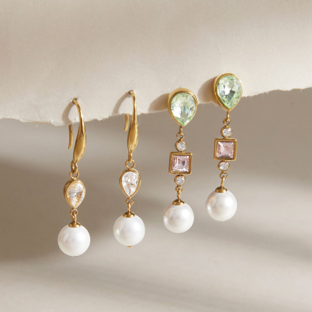 Boucles d'oreilles pendantes pour femme, style patchwork romantique et élégant, rectangulaires, en acier inoxydable, étanches, couleur or, avec zircon. 2