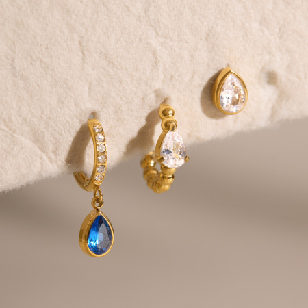Ensembles de boucles d'oreilles pour femmes Luxious Series Simple Droplet en acier inoxydable étanche couleur or et zircon 2