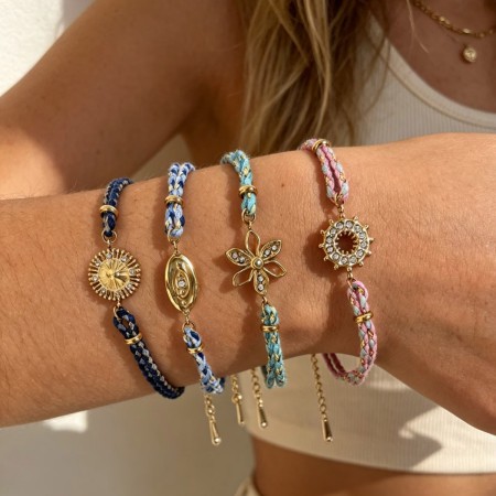 Bracelet tressé pour femme, collection romantique, motif floral soleil, corde dorée et strass.