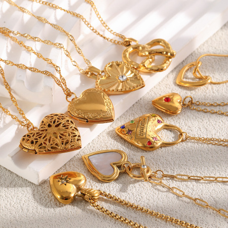 Colliers pendentifs pour femmes en forme de cœur, en acier inoxydable étanche, couleur or et zircon.