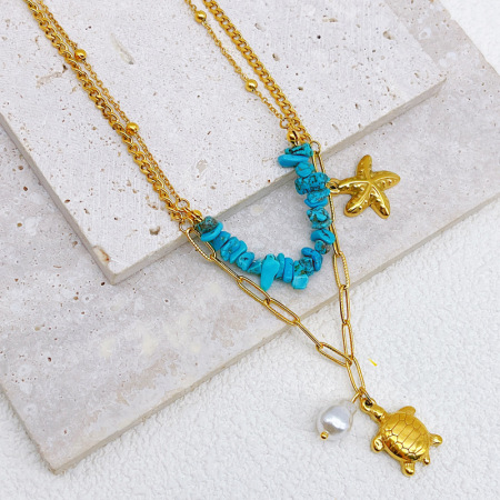 Ensembles de colliers pour femmes, style ethnique, inspirés des vacances et de l'océan, avec perles de pierre naturelle et acier inoxydable étanche.