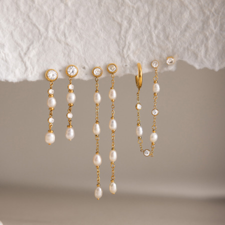 Boucles d'oreilles pendantes élégantes pour femme, en acier inoxydable, imperméables, couleur or, avec zircon et perles artificielles.