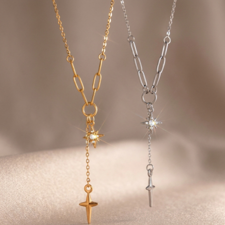 Colliers pendentifs pour femmes en acier inoxydable, couleur or, avec strass et étoile simple