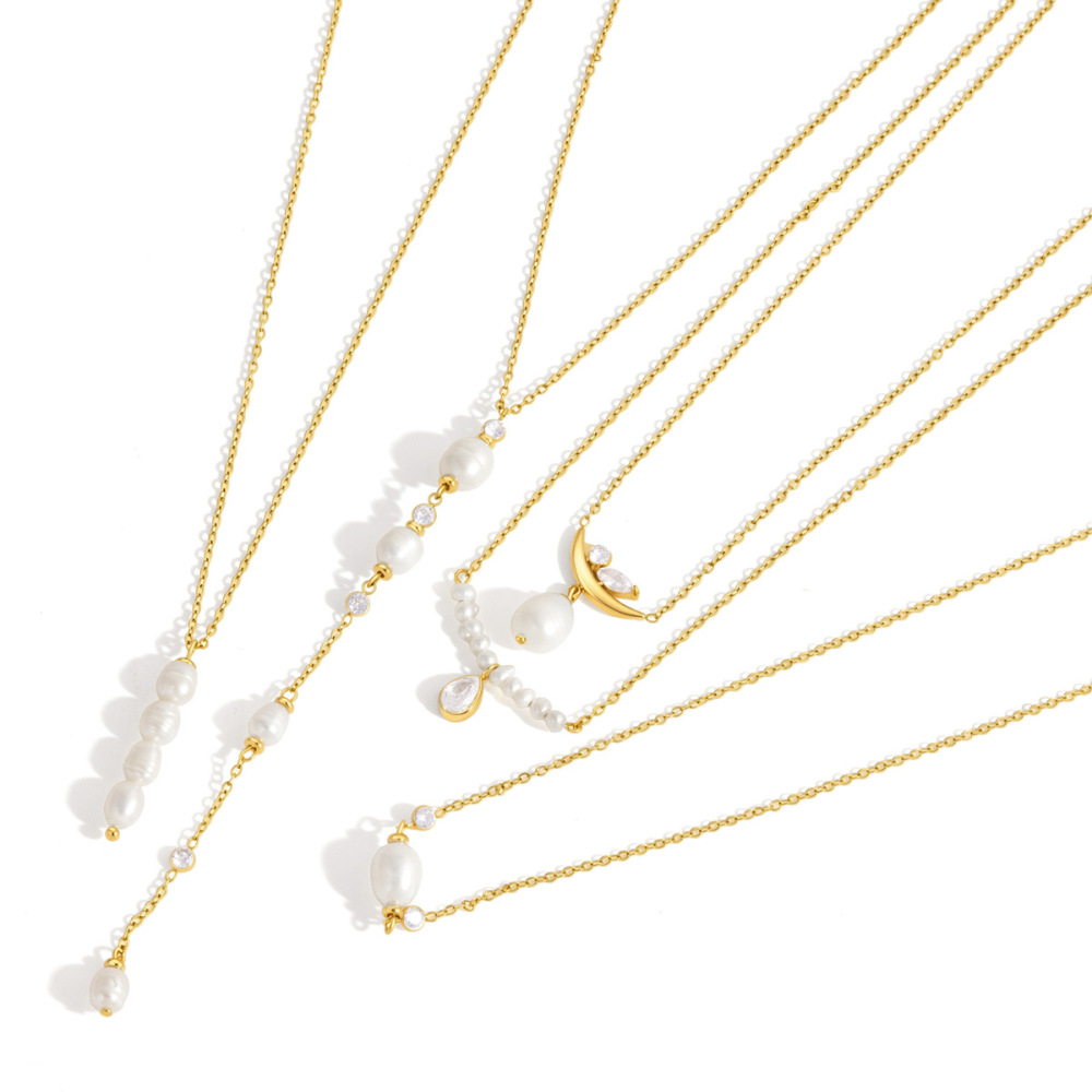 Colliers Pendentifs Élégants Pour Femmes, En Acier Inoxydable Étanche, Couleur Or, Avec Pompon En Forme De Goutte Et Perle De Zircon. h5Image5