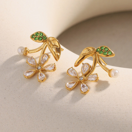 Boucles d'oreilles puces pour femmes, collection Sweet Cherry, en acier inoxydable étanche, couleur or et zircon.