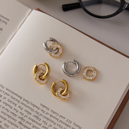Boucles d'oreilles pendantes pour femme, style rond, en acier inoxydable, couleur or, avec zircon, collection Simple Series Daily.