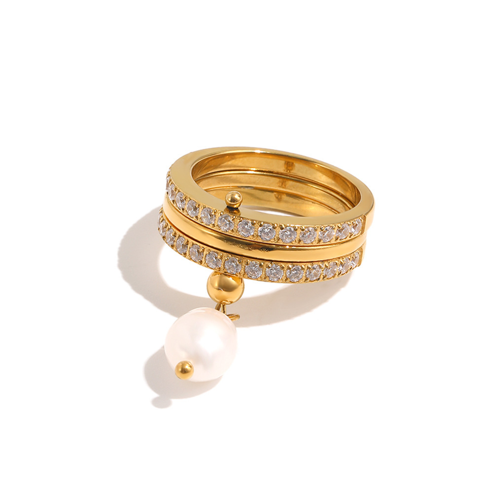 Bagues Pour Femmes De La Luxueuse Collection Circle En Acier Inoxydable, Étanches, Couleur Or, Zircon Et Perle. Image4