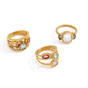 Bagues Pour Femmes En Acier Inoxydable Doré, Étanches, De Forme Géométrique Rétro Et Serties De Zircon, Collection Luxueuse. h5 Image6