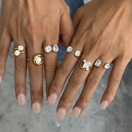 Bagues pour femmes en acier inoxydable de forme irrégulière, étanches, couleur or, serties de zircon.