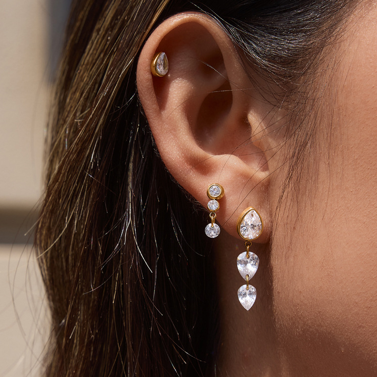 Boucles D'Oreilles Pour Femmes En Acier Inoxydable Imperméable, Couleur Or, Avec Zircon Et Motif Goutte Simple h5Image3