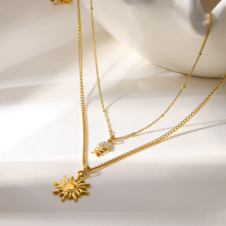 Collier pendentif femme Classic Vacation Sun Fish en acier inoxydable étanche couleur or avec strass 2