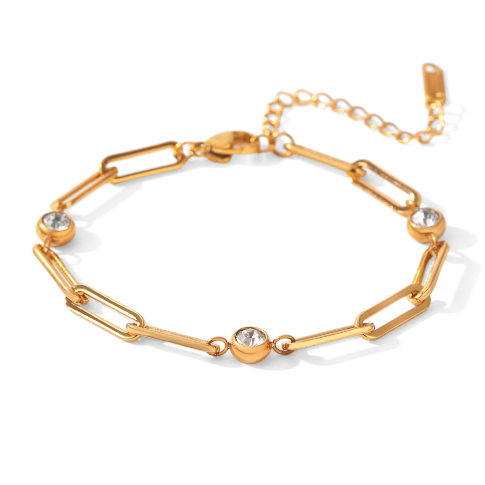 Bracelet Chaîne Pour Femme Simple Series Daily Chain En Acier Inoxydable Étanche Couleur Or Avec Zircon 