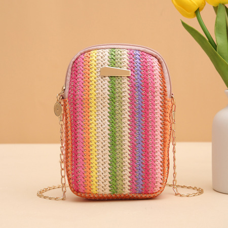 Sacs pour téléphone en raphia tissé à rayures multicolores