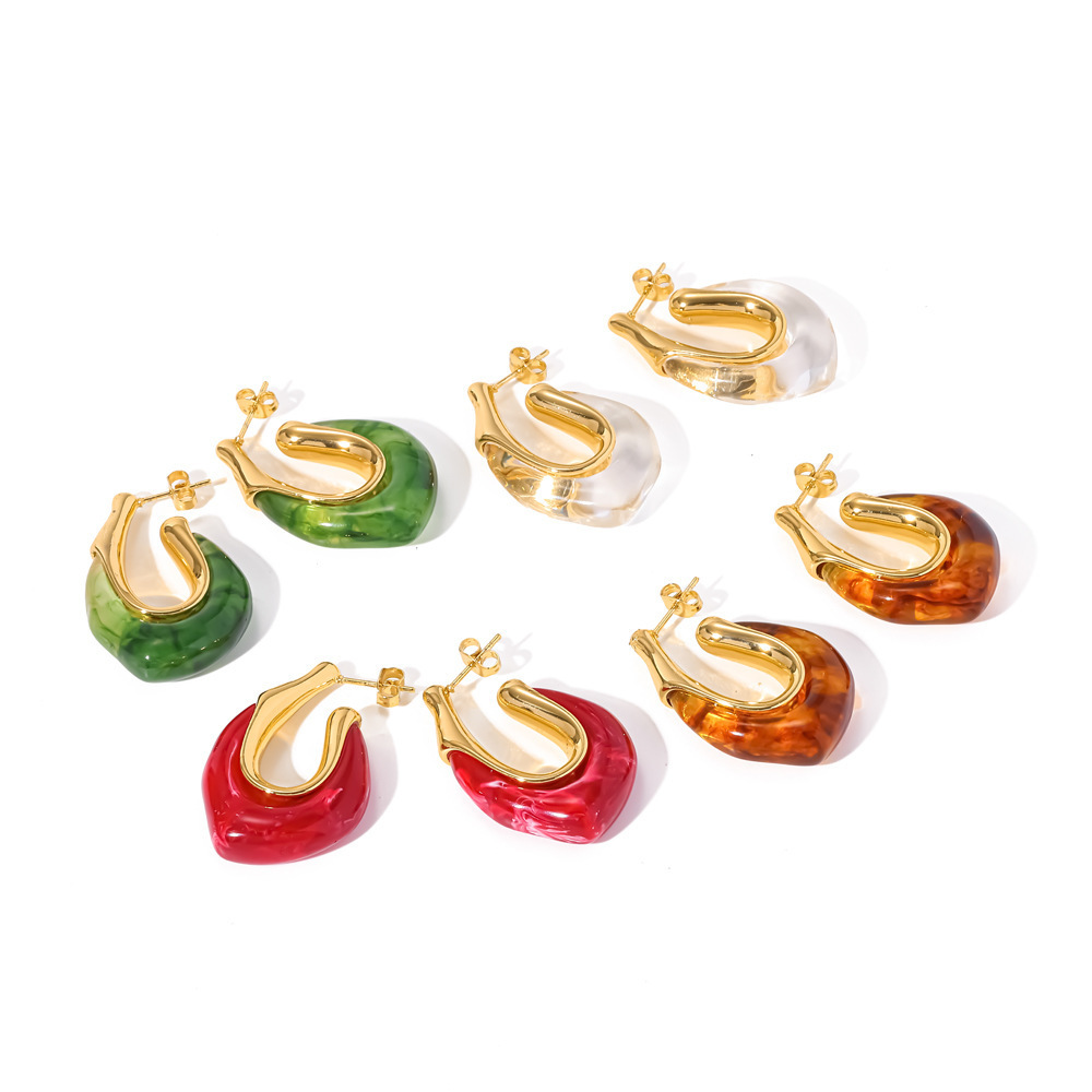 Boucles D'Oreilles Puces Pour Femmes, En Acier Inoxydable, Couleur Or, Étanches, En Forme De C, Avec Monture En Acrylique Et Détails En Acrylique Doré, Collection Simple Series Image4