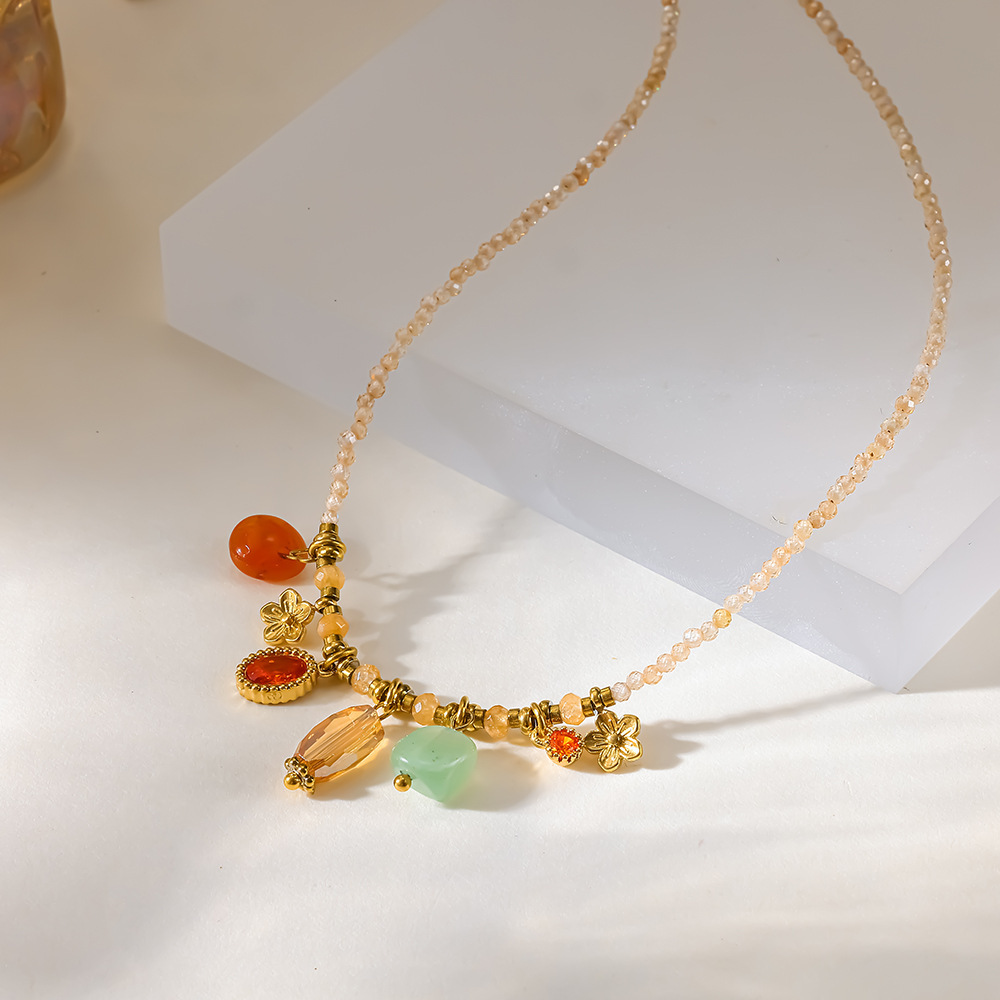 Collier De Perles Pour Femme, Collection Romantique, Forme Géométrique Quotidienne, Acier Inoxydable, Étanche, Couleur Or, Zircon. Image2