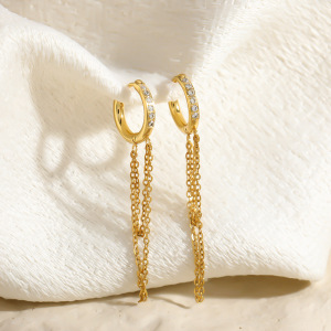 Boucles D'Oreilles Pendantes Pour Femmes, En Acier Inoxydable Étanche, Couleur Or, Ornées De Strass Et D'Un Pompon. h5 Image2