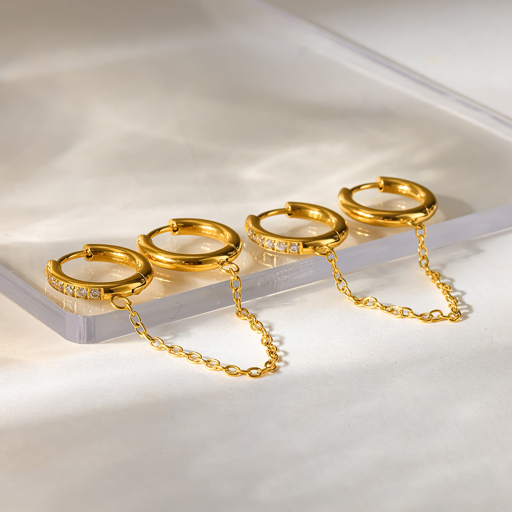 Boucles D'Oreilles Pendantes Pour Femme, Style Géométrique Simple, En Acier Inoxydable Étanche, Couleur Or, Avec Zircon. Image3