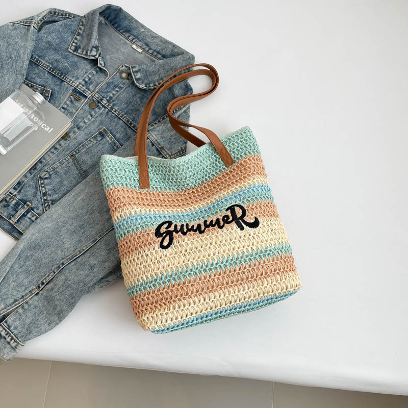 Sac Carré Femme En Raphia Tissé À Rayures Et Lettres, Ajouré Et Multicolore, Style Vacances