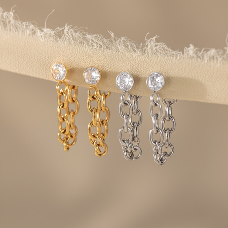 Boucles d'oreilles pendantes pour femme, en acier inoxydable, couleur or, avec zircon et chaîne simple et étanche 2