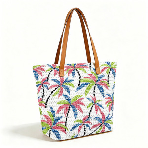 Sac Carré Femme En Raphia Tissé À Motif De Feuilles Multicolores, Style Vacances h5