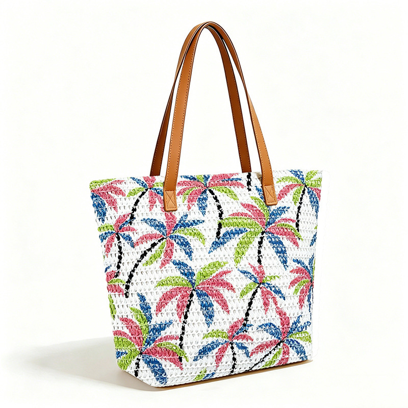 Sac Carré Femme En Raphia Tissé À Motif De Feuilles Multicolores, Style Vacances