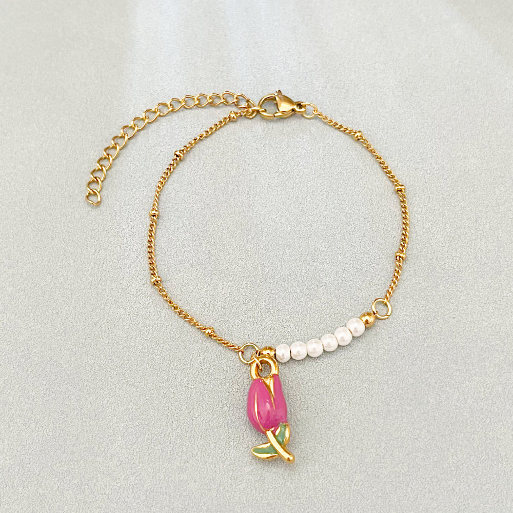Bracelet À Breloques Pour Femme, Collection Romantique, Perles En Émail Et Fleurs, Acier Inoxydable, Couleur Or, Étanche. 