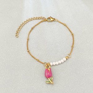 Bracelet À Breloques Pour Femme, Collection Romantique, Perles En Émail Et Fleurs, Acier Inoxydable, Couleur Or, Étanche. h5 