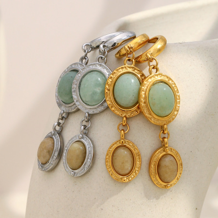 Boucles d'oreilles pendantes pour femme, forme elliptique patchwork simple, acier inoxydable, couleur or, imperméables, avec pierre naturelle