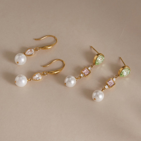 Boucles d'oreilles pendantes pour femme, style patchwork romantique et élégant, rectangulaires, en acier inoxydable, étanches, couleur or, avec zircon.