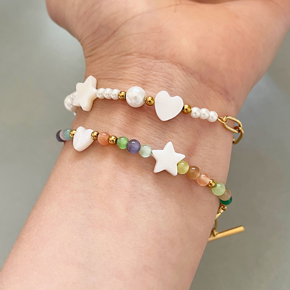 Bracelets À Perles Simples En Acier Inoxydable, Couleur Or, Avec Étoiles Et Cœurs. Image3