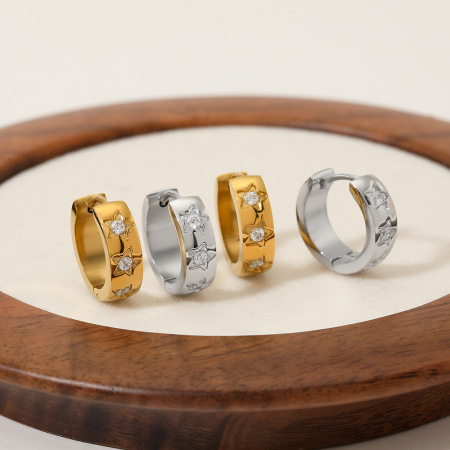 Boucles d'oreilles créoles pour femmes, en acier inoxydable doré, étanches, ornées de strass, de la série Simple Star
