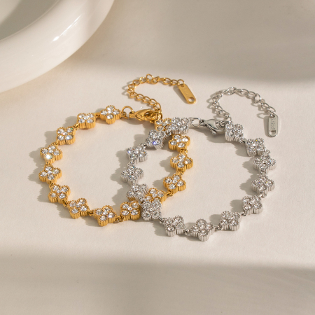 Bracelet à maillons pour femme en acier inoxydable, étanche, couleur or, avec zircon, en forme de trèfle