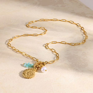 Colliers Pendentifs Pour Femmes, Style Océanique Quotidien, En Acier Inoxydable Étanche Couleur Or Avec Zircon h5 Image3