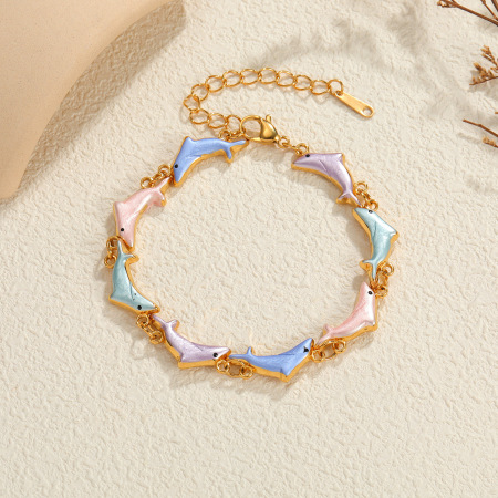 Bracelets à maillons pour femmes, style océanique, en émail, avec poisson et acier inoxydable, étanches.