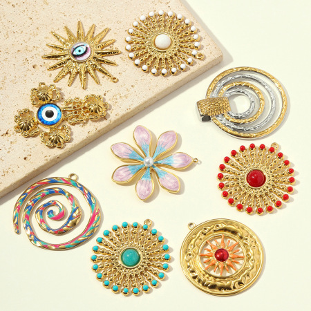 Pendentifs pour femmes de la série Luxueuse, en acier inoxydable étanche, couleur or, motif floral en croix et cercle, à faire soi-même 2