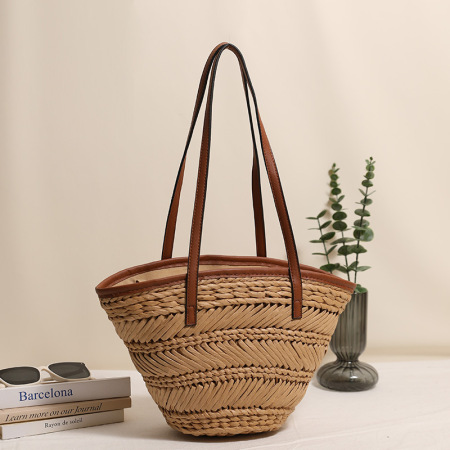 Sac trapèze femme en raphia tissé uni, style décontracté 2
