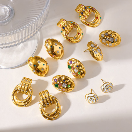Boucles d'oreilles puces pour femmes, collection Simple Series Daily Polka Dots, forme elliptique, acier inoxydable, couleur or, zircon, étanches. 2