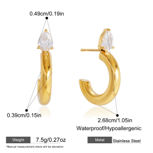 Boucles D'Oreilles Puces Pour Femmes, Collection Simple, Forme Irrégulière Décontractée, Acier Inoxydable, Couleur Or, Zircon, Étanches. h5
