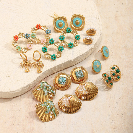 Boucles d'oreilles puces pour femmes, en acier inoxydable doré, forme elliptique, motif fleur douce et coquillage, collection Simple Series. 2