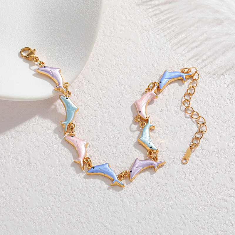 Bracelets À Maillons Pour Femmes, Style Océanique, En Émail, Avec Poisson Et Acier Inoxydable, Étanches. Image2