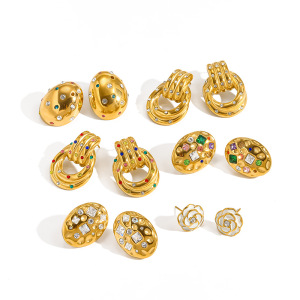 Boucles D'Oreilles Puces Pour Femmes, Collection Simple Series Daily Polka Dots, Forme Elliptique, Acier Inoxydable, Couleur Or, Zircon, Étanches. h5 Image4