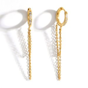 Boucles D'Oreilles Pendantes Pour Femmes, En Acier Inoxydable Étanche, Couleur Or, Ornées De Strass Et D'Un Pompon. h5 Image4