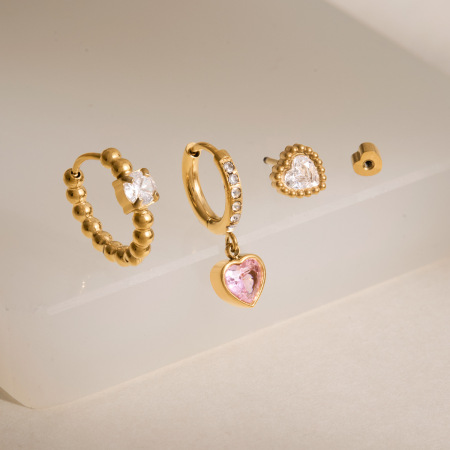 Ensembles de boucles d'oreilles pour femmes en acier inoxydable imperméable avec perles en forme de cœur et zircon, collection luxueuse 2
