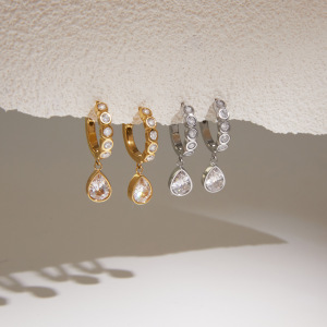 Boucles D'Oreilles Pendantes Élégantes En Forme De Goutte, En Acier Inoxydable Étanche, Couleur Or, Avec Zircon, Collection Luxueuse. h5 Image2