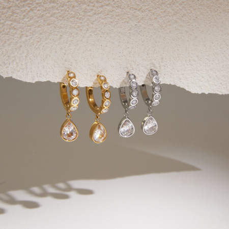 Boucles d'oreilles pendantes élégantes en forme de goutte, en acier inoxydable étanche, couleur or, avec zircon, collection Luxueuse. 2