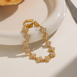 Bracelet À Maillons Pour Femme En Acier Inoxydable, Étanche, Couleur Or, Avec Zircon, En Forme De Trèfle h5 Image2