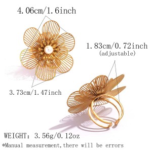 Bagues Tendance Rétro Daily Flower En Acier Inoxydable Étanche Couleur Or Avec Perles Artificielles h5 